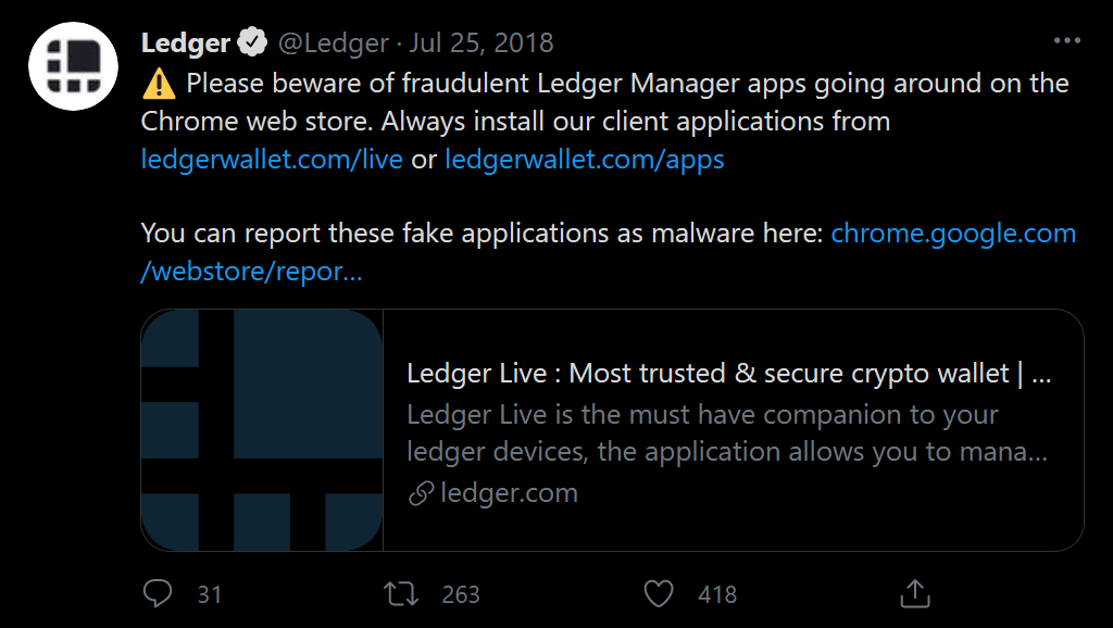 ledger twitter warnining about scams