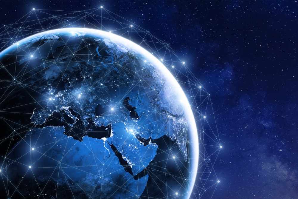 planet earth with network mesh around it